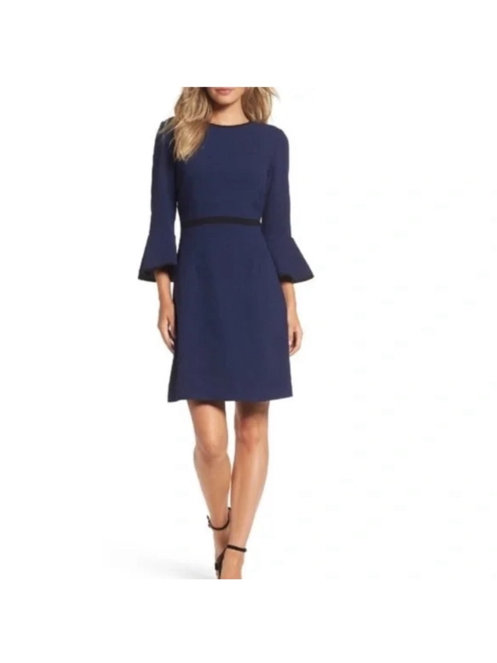 New Eliza J Navy Blue Lined Bell Sleeve Black Trim Sheath Dress Size 4 petite